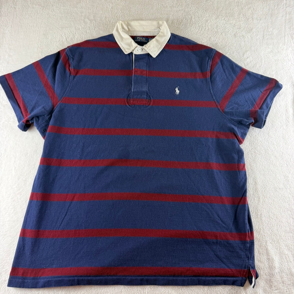 Polo Ralph Lauren Rugby Shirt Striped Blue Red Mens XXL Short Sleeve Preppy